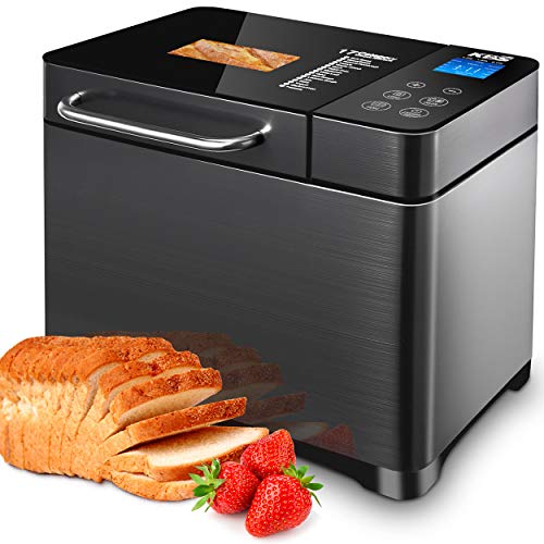 KBS 17-in-1 Bread Machine with Double Tubes, 2LB XL Bread Maker with Fruit Nut Dispenser, Ceramic Pan& Digital Touch Panel, 3 Loaf Sizes 3 Crust Colors, Reserve& Keep Warm Set, Stainless Steel/Black