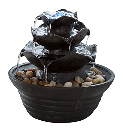 Indoor Water Fountain With LED Lights- Lighted Three Tier Soothing Cascading Tabletop Fountain With Rocks for Office and Home Décor By Pure Garden