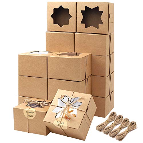Moretoes 50pcs Brown Bakery Boxes with Window Cupcake Boxes 4x4x2.5 Inches Cookie Boxes Kraft Paper Gift Boxes for Pastries, Small Cakes