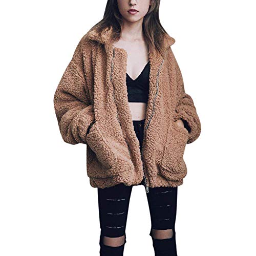 Women\'s Coat Casual Lapel Fleece Fuzzy Faux Shearling Zipper Coats Warm Winter Oversized Outwear Jackets (Khaki,L)