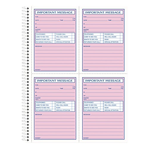 TOPS Phone Message Book, Spiral Bound, 2-Part, Carbonless, White and Canary, 4 Messages per Page, 400 Sets (4009)