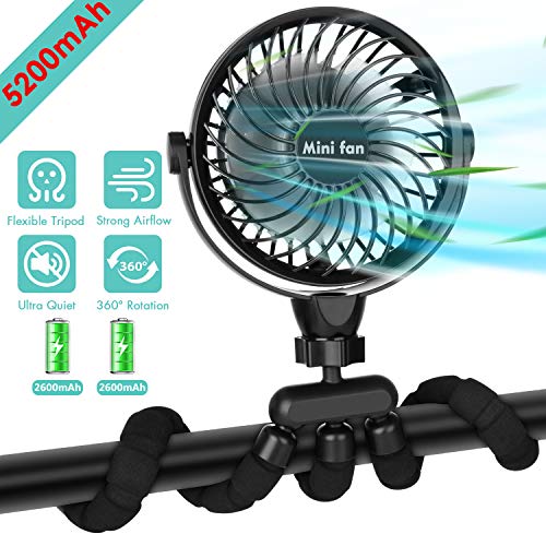 Versatile Fan, 5200mAh Battery Powered Clip-on Personal Desk Fan with Flexible Tripod, Ultra Quiet 360°Adjustable USB Fan for Stroller/Car Seat/Treadmill/Camping/Hurricane/Outage