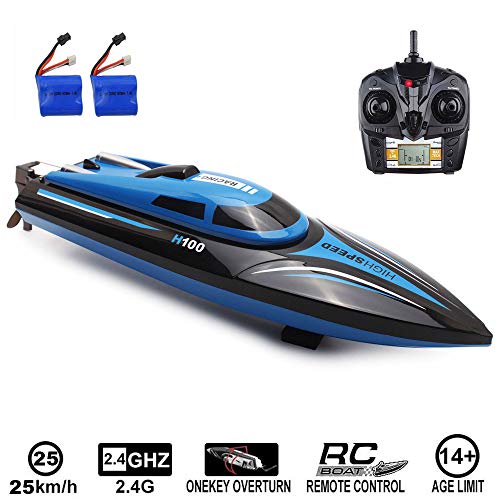 SZJJX RC Boat 2.4Ghz 25KM/H High Speed 4 Channels Remote Control Electric Racing Boat for Pools & Lakes Automatically 180° Flipping Transmitter with LCD Screen Blue