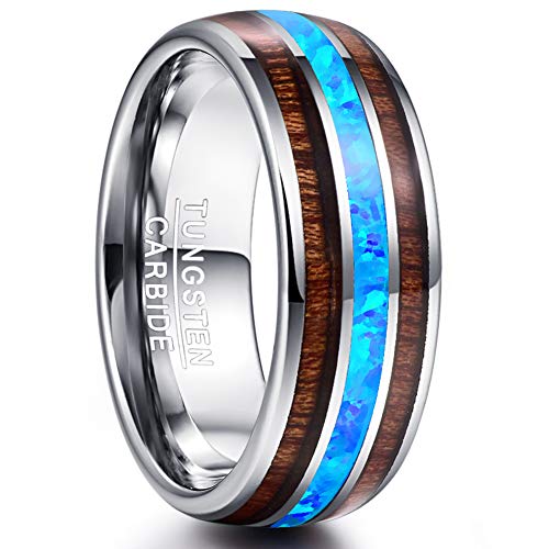 VAKKI 8mm Tungsten Carbide Ring for Men Hawaiian Koa Wood and Blue Opal Inlay Wedding Band Size 8