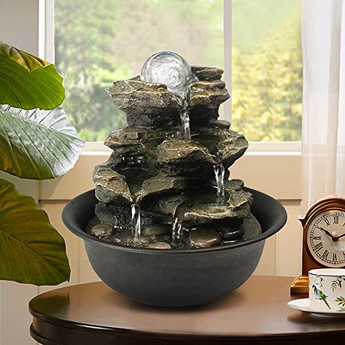 BBabe Spinning Orb Rock Cascading Tabletop Fountain, Zen Meditation Indoor Waterfall Feature with LED Light for Home Office Bedroom Relaxation