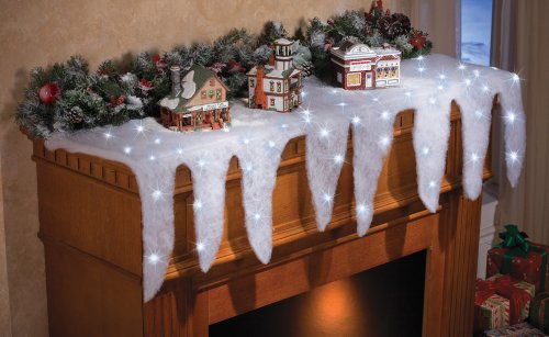 Collections Etc Lighted Snow and Icicle Holiday Mantel Scarf - Fireplace Decor for Christmas Village