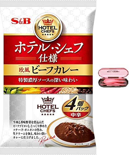 Japanese Instant Curry Beef Curry Sauce with Vegetables (5.9oz (170g) x 4 pcs) with Spoon, Fork, Chopsticks Set -Medium Spicy , Hotel Chef