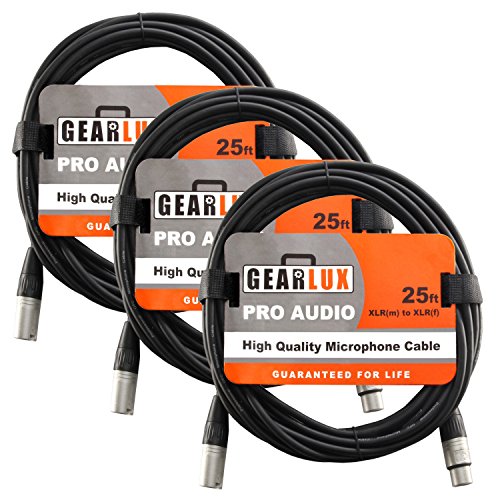 Gearlux XLR Microphone Cable Male to Female 25 Ft Fully Balanced Premium Mic Cable - 3 Pack