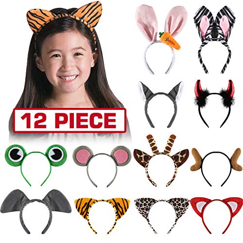 12 Pack Plush Animal Headbands for Party Favor, Jungle Animal Ear Horn Hair Hoop, Idea on Kid and Adult Birthday, Halloween Decoration, Dress-Up Safari Themed Parties Supplies