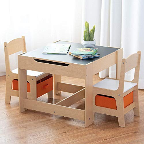 Costzon Kids Table and 2 Chairs Set, 3 in 1 Wooden Table Furniture for Toddlers Drawing, Reading, Train, Art Playroom, Activity Table Desk Sets (Convertible Set with Storage Space)