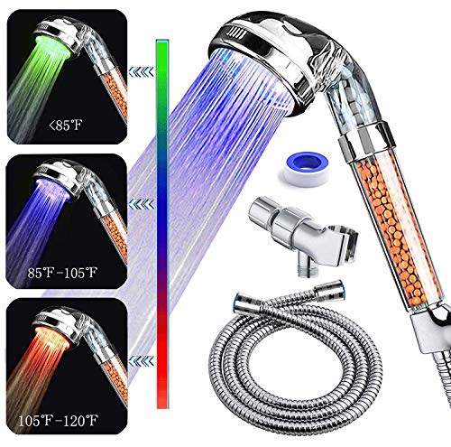 PRUGNA LED Shower Head with Hose and Shower Arm Bracket, High-Pressure Filter Handheld Shower for Repair Dry Skin and Hair Loss - Color Changes with Water Temperature