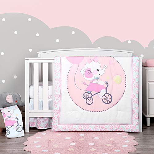 TILLYOU Luxury 4 Pieces Elephant Crib Bedding Set (Embroidered Crib Comforter, Crib Sheets, Crib Skirt) - Microfiber Printed Nursery Bedding Set for Girls Boys - Pink Elephant