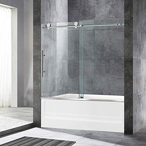 WOODBRIDGE MBSDC6062B Frameless Bathtub Shower Doors 56-60' Width x 62' Height with 3/8'(10mm) Clear Tempered Glass Finish, C-Series: 60'x62' Brushed Nickel