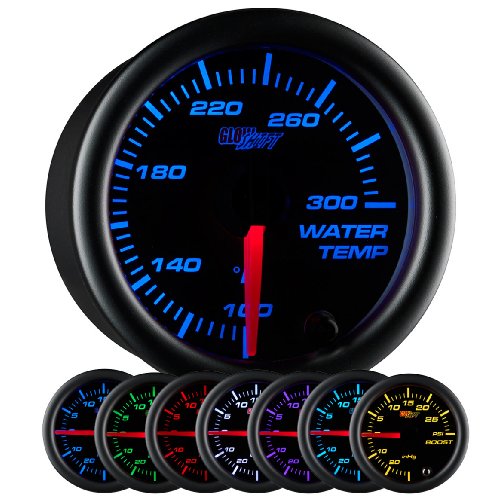 GlowShift Black 7 Color 300 F Water Coolant Temperature Gauge Kit - Includes Electronic Sensor - Black Dial - Clear Lens - for Car & Truck - 2-1/16' 52mm