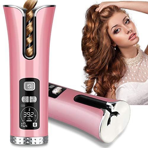 Automatic hair curler,Auto rotating ceramic Curling Iron Wand,Latest High Performance LCD Temperature Display and Timer,portable USB Rechargeable Beach Waves Wand(Pink)