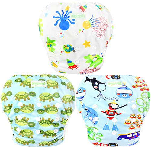 Wegreeco Baby & Toddler Snap One Size Adjustable Reusable Baby Swim Diaper (Diving,Ocean,Turtle,Large,3 Pack)