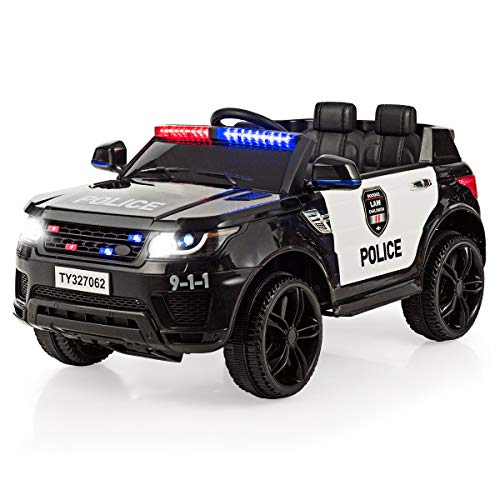 Costzon Kids Ride on Car, 12V Battery Powered Electric Police Truck w/ 2.4G Remote Control, Siren, LED Headlights, Microphone, Double Open Doors, Spring Suspension, SUV Vehicle for Children (Black)