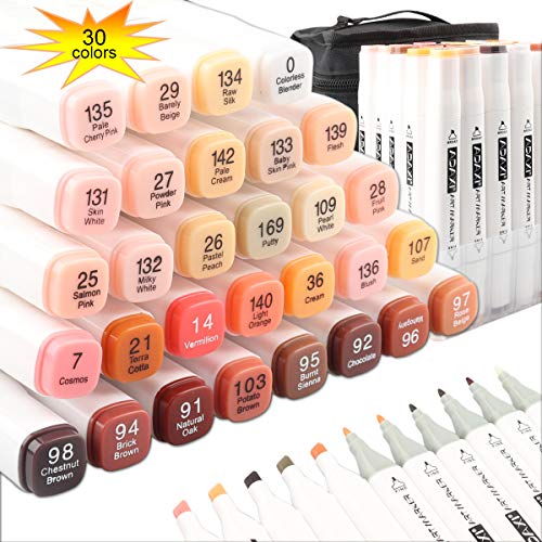 ADAXI 30 Colors Skin Tone Markers Dual Tip Marker Set, Alcohol Based Art Markers Artist Permanent Sketch Manga Marker Pens whit Upgraded Case for Portrait Illustration Drawing Coloring