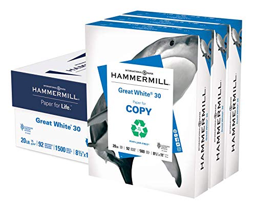 Hammermill Great White 30% Recycled 20lb Copy Paper, 8.5 x 11, 3 Ream Case, 1500 Sheets, Made in USA, Sustainably Sourced From American Family Tree Farms, 92 Bright, Acid Free, Printer Paper, 086820C