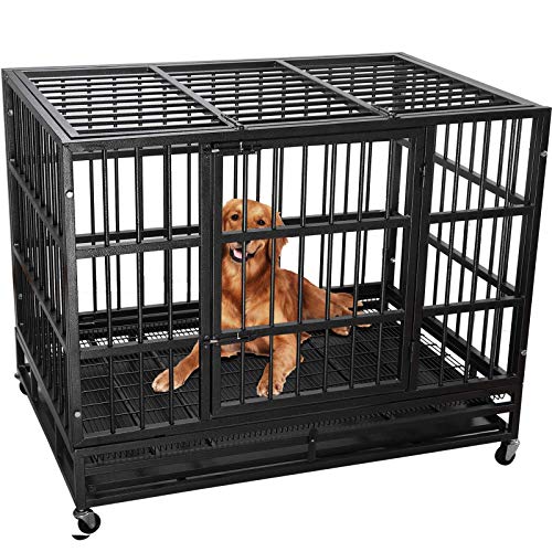 Lemberi Heavy Duty Dog Cage Crate, Pet Kennel Strong Metal for Training Large Dog, Easy to Assemble, with Two Prevent Escape Lock, Lockable Wheels, Removable Tray for Indoor Outdoor(48in, Black)