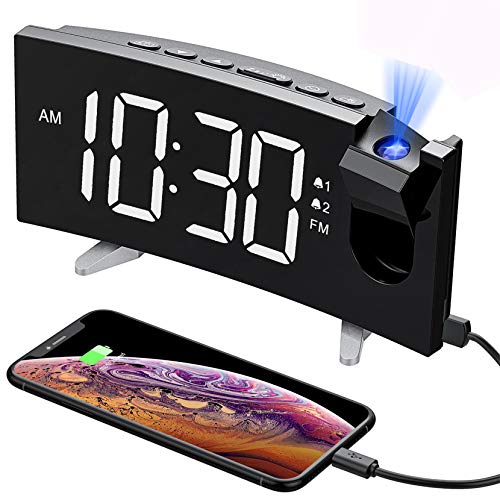 PICTEK Projection Digital Clock Radio for Bedrooms Ceiling with USB Phone Charger, 5'' Large Curved LED Display, 6 Dimmer, Dual Alarms with 4 Sounds, Snooze, 1.white