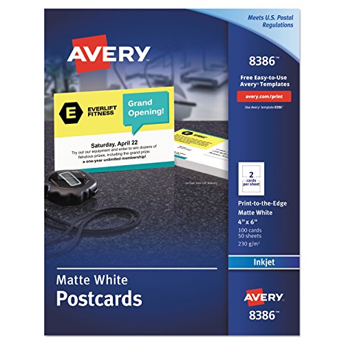 Avery 8386 Postcards, Inkjet, 4 x 6, 2 Cards/Sheet, White (Box of 100 Cards)