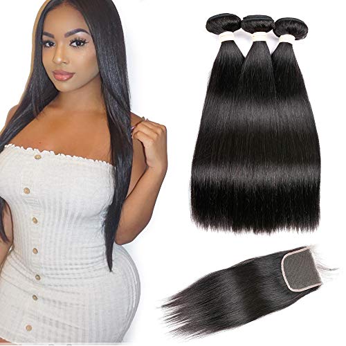 Beauhair 7A Brazilian Straight Hair 3 Bundles with Lace Closure(20 22 24 +18 Free Part Closure) Virgin Human Hair Weave 100% Unprocessed Human Natural Black Straight Remy Hair Extensions