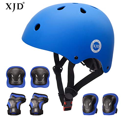 XJD Kids Helmet 8-13 Years Boys Girls Adjustable Sports Protective Gear Set from Toddler to Youth Helmet Knee Elbow Wrist Pads Cycling Roller Scooter Bicycle Bike Skateboard Protector Blue M