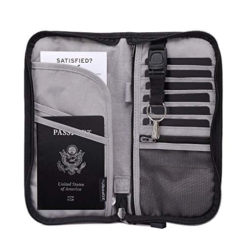 Zoppen RFID Travel Passport Wallet & Documents Organizer Zipper Case with Removable Wristlet Strap, Black