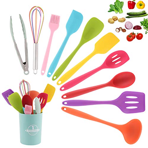BestFire Cooking Utensils Set with Holder, 11 Pcs Colorful Silicone Kitchen Utensils Set, Spoon for Non-stick Cookware Set with Silicone Handles, Heat Resistant Silicone Kitchen Tools, Tongs, Spatula