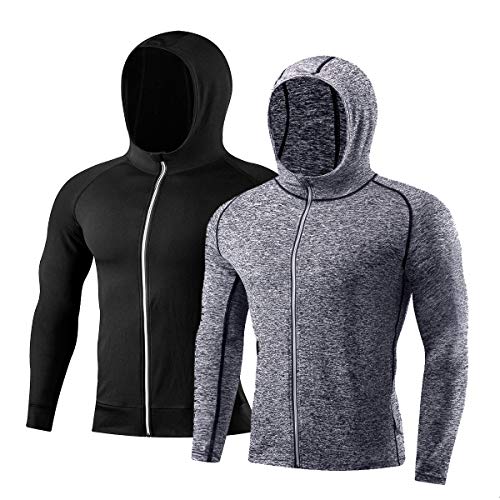 Mens 2 Pack Lightweight Full Zip Up Hoodie Hooded Active Sweatshirt Black/HGrey-L