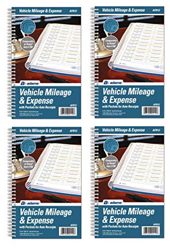 Adams Vehicle Mileage and Expense Journal, 5-1/4' x 8-1/2', Spiral Bound, 6 Receipt Pockets, Sold as 4 Pack (AFR12)