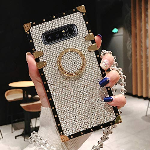 KAPADSON for Samsung Galaxy Note 9 Luxury Bling Glitter Sparkle Cute Gold Square Corner Soft Shock-Absorption Phone Hold Case Cover with Strap - Silver