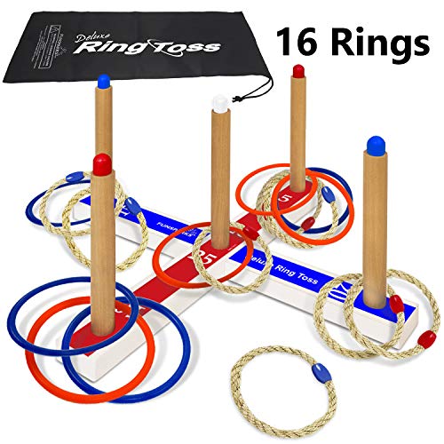 Ring Toss Deluxe – Includes 16 Rings, 8 Rope & 8 Plastic. Carry Bag Included – Easy to Assemble – Fun Family and Friends Toss Yard Games for Kids – Outdoor Toys for Kids
