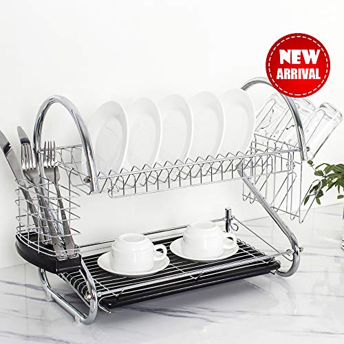 Tahlegy Black Drainboard Chrome Cutlery Drainer 2 Tier Dish Drying Rack,More Space