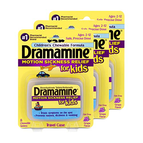 Dramamine Motion Sickness Relief for Kids, Chewable Grape, 8 Count, pack of 3