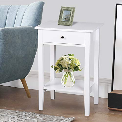 SSLine Tall Bedside Table White Wooden One Drawer Night Stand Chairside End Table W/Shelf Simple Modern Sofa Couch Side Table Telephone Table Accent Furniture for Bedroom Living Roon - 27.5' Tall