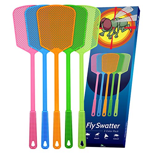 Kensizer 5-Pack Plastic Fly Swatters Heavy Duty, Multi Pack Matamoscas, Jumbo Long Fly Swat Shatter, Large Bug Swatter That Work for Indoor and Outdoor