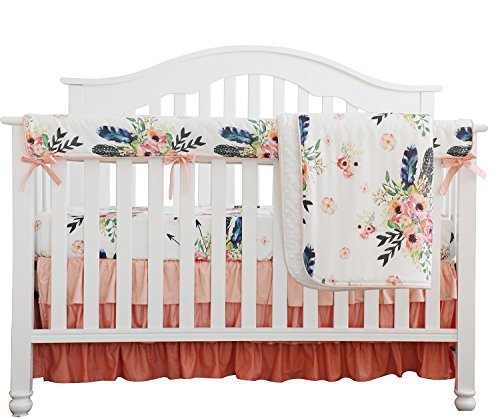 Boho Coral Feather Floral Ruffle Baby Minky Blanket Peach Floral Nursery Crib Skirt Set Baby Girl Crib Bedding Feather Blanket (Feather Floral 4pc Set)