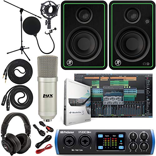 PreSonus Studio 24c 2x2 USB Type-C Audio/MIDI Interface with Mackie CR3-X Pair Studio Monitors and 1/4” Instrument Cables