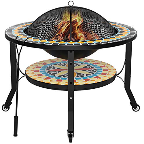 Mecor Fire Pit with Cooking Grate & Wheels, 28' Round Mosaic Fire Pits Outdoor Wood Burning, Steel BBQ Grill Firepit Bowl with Spark Screen Cover Log Grate Fire Poker, Adjustable Three Height