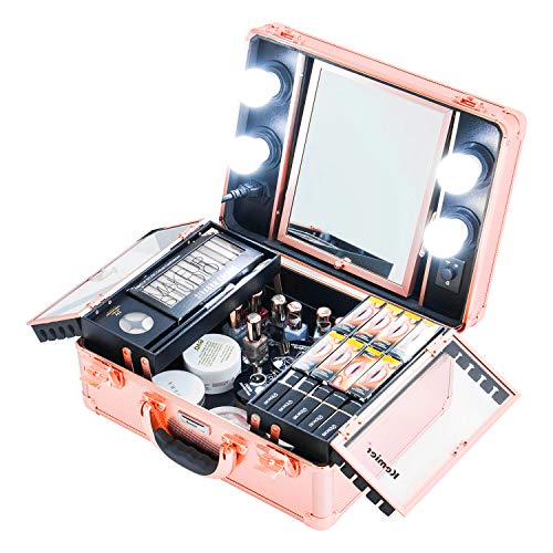 Kemier Makeup Train Case - Cosmetic Organizer Box Makeup Case with Lights and Mirror / Makeup Case with Customized Dividers / Large Makeup Artist Organizer Kit (Rose Gold)