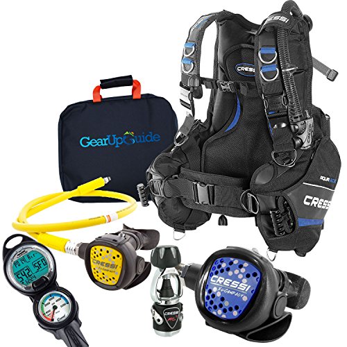 Cressi Aquaride Blue Pro BCD Scuba Gear Package w/ MC9 Compact Regulator & Octo Leonardo C2 Dive Computer w/GupG Reg Bag