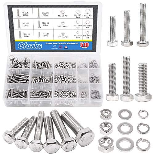 Glarks 510 Pieces Flat Hex Stainless Steel Screws Bolts Nuts Lock and Flat Gasket Washers Assortment Kit