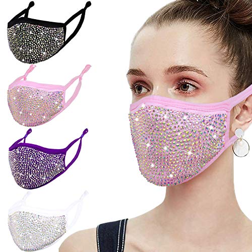 Rhinestone Sequin Bling Face Mask with Adjustable Ear Loops for Women Sparkle Glitter Diamond Bedazzled Crystal Decorative Fashion Pretty Cloth Covering Washable Reusable Protection Designer Madks