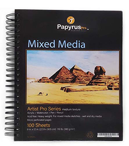 Mixed Media Sketchbook 9'x12' Premium 100-Sheets 180gsm Paper | Acid-Free Multimedia Drawing Pad, Ideal for Dry and Wet on Dry Media Drawing, Painting, Sketching | Spiral Bound