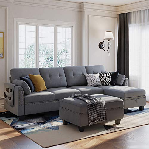 HONBAY Reversible Sectional Sofa Couch Set L Shaped Couch Sofa Sets for Living Room 4 Seat Sofa Sectional with Storage Ottoman for Small Apartment,Grey (Sectional+Hydraulic Rod Ottoman)