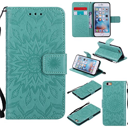 A-slim iPhone 6 / 6S Wallet Case, (TM) Sun Pattern Embossed PU Leather Magnetic Flip Cover Card Holders & Hand Strap Wallet Purse Case for iPhone 6 / 6S [4.7 Inch] - Green