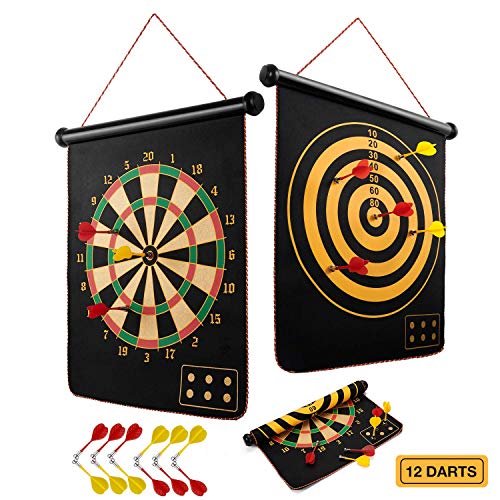 BATURU Magnetic Dart Board for Kids, Indoor Outdoor Dart Games with 12pcs Magnetic Darts, Rollup Double Sided (Traditional)