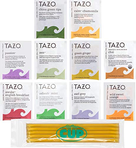 Tazo Tea Bags Sampler 20 Count Variety Gift Box, 10 Different Flavors with By The Cup Honey Sticks